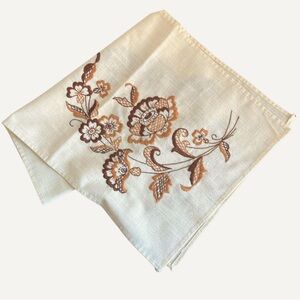 Vintage Embroidered Floral Linen Table Runner - Cream and Brown